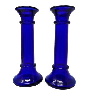 Vintage Recycled Cobalt Blue Glass Pillar Style 7 inch Candle Holders or Vases